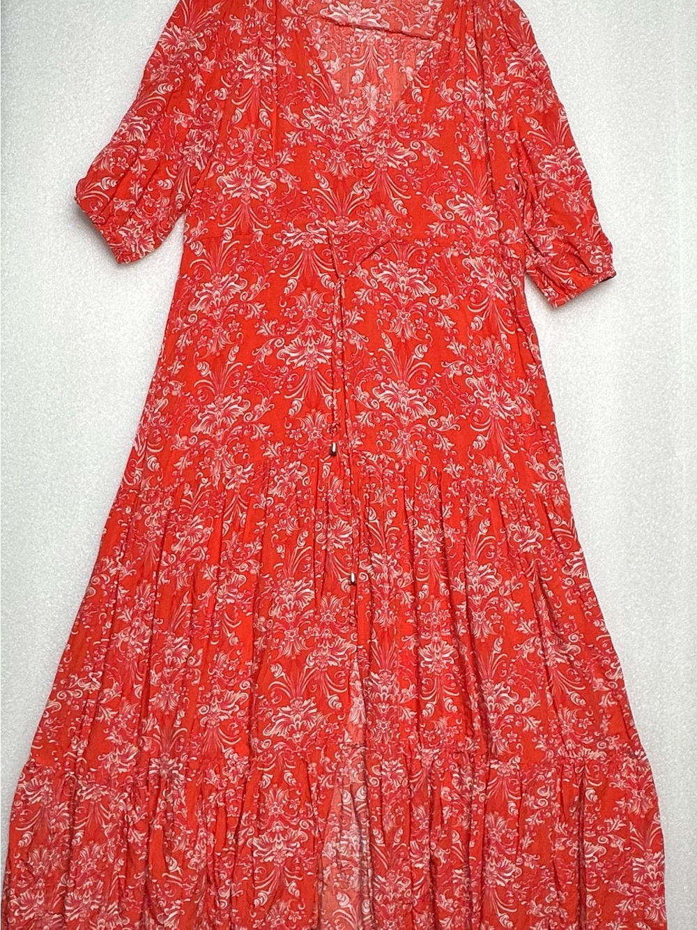 Abel the Label Orange Floral V-Neck Tiered Front Slit Maxi Dress